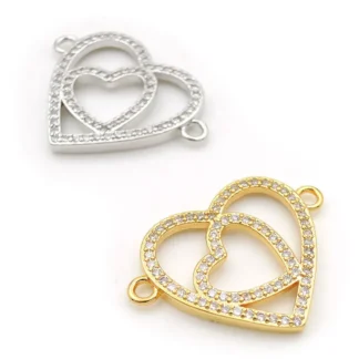 Conector de corazones huecos de circonia cúbica transparente Micro pavé de 24x18x2mm apto para mujeres como accesorio de pulseras DIY