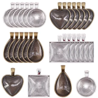 24 juegos de cabujones de cristal transparente con forma redonda/corazón/gota de lágrima/cuadrada de 20mm ~ 30mm, cubierta de cabujón de Metal para colgante DIY