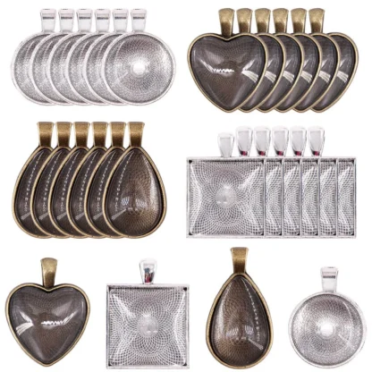 24 juegos de cabujones de cristal transparente con forma redonda/corazón/gota de lágrima/cuadrada de 20mm ~ 30mm, cubierta de cabujón de Metal para colgante DIY
