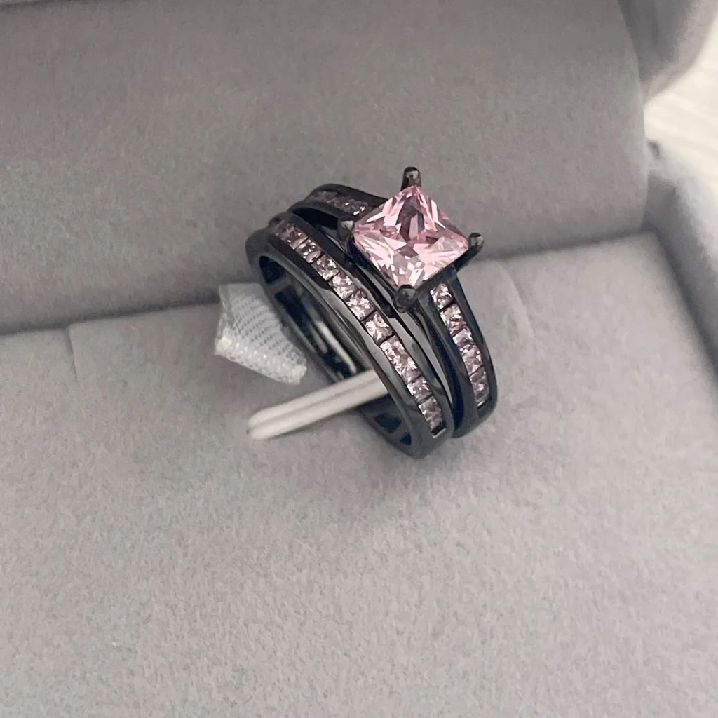 Conjunto de anillos de compromiso de boda para mujer, joyería de cóctel, plata 925 y Oro Negro de 10kt, corte de princesa, Diamante rosa de 3 quilates, moda