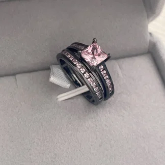 Conjunto de anillos de compromiso de boda para mujer, joyería de cóctel, plata 925 y Oro Negro de 10kt, corte de princesa, Diamante rosa de 3 quilates, moda