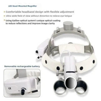 Lupas dentales con diadema de 2,5x o 3,5x con faro, luz frontal, maleta de Metal, lente de cristal óptico, lupa, amplio campo de visión