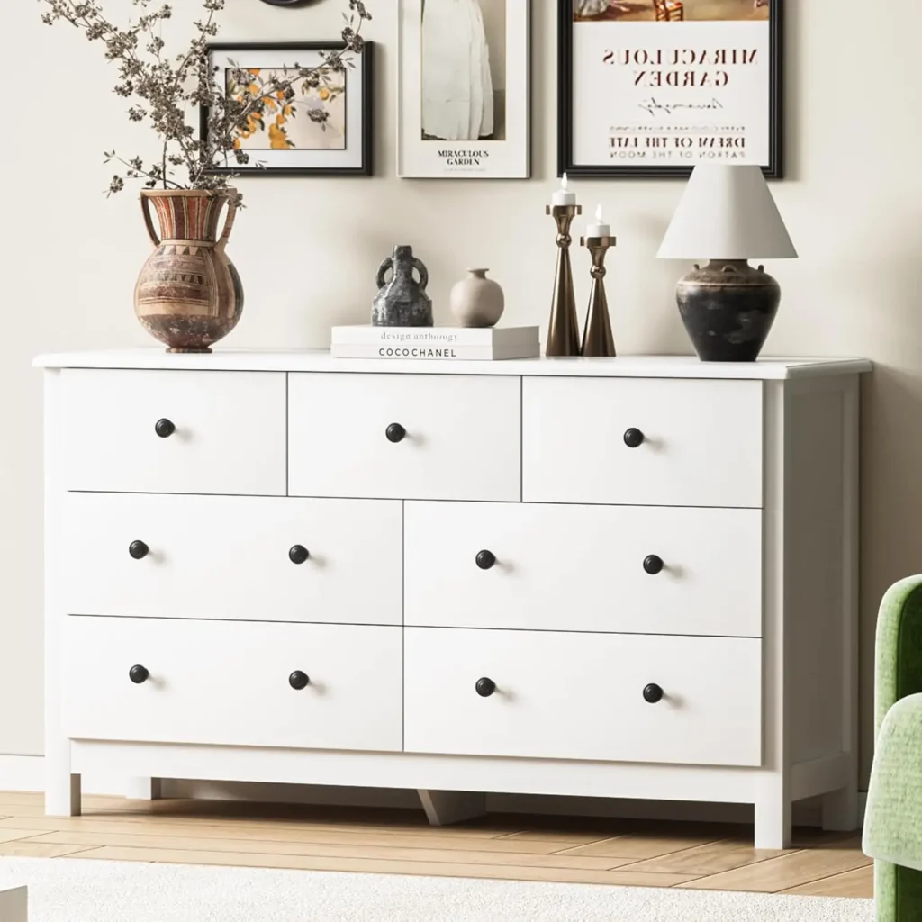 Cómoda blanca para dormitorio, cajón con mango de Metal y cajón ancho, organizador de almacenamiento doble de madera moderno, 7 cajones