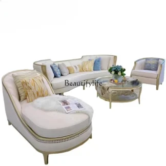 Sofá de tela de lujo ligero francés, madera maciza, moderno, simple, sala de estar, combinación de muebles americanos de alta gama