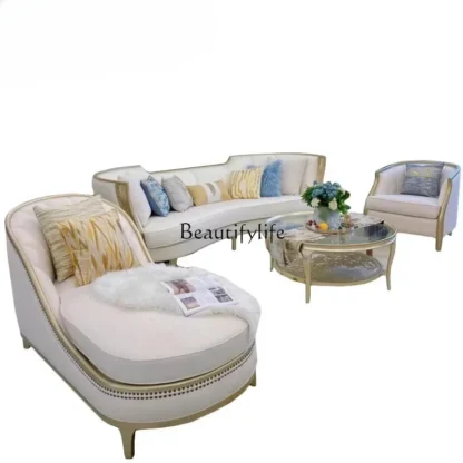 Sofá de tela de lujo ligero francés, madera maciza, moderno, simple, sala de estar, combinación de muebles americanos de alta gama