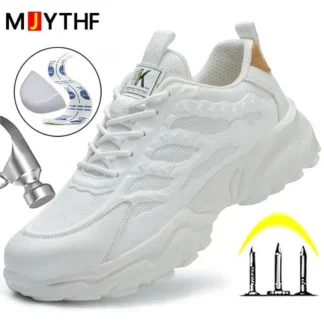 Zapatos de seguridad con punta de acero para hombre, zapatillas de trabajo, antigolpes, antipinchazos, indestructibles, deportivas, protectores, color blanco