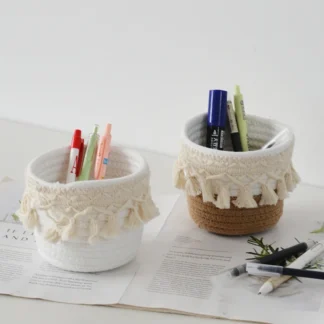 Cesta de almacenamiento tejida hecha a mano con cuerda de algodón, soporte para brochas de maquillaje, organizador, cepillo para decoración de uñas, tocador de escritorio, almacenamiento de cosméticos