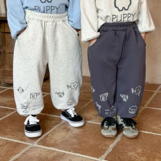 Pantalones de chándal holgados con estampado de dibujos animados para niños, ropa de otoño para niños, pantalones de tubo de algodón para niños, pantalones casuales de moda para niños