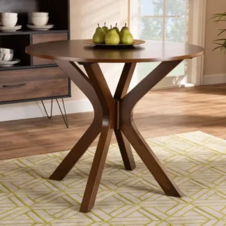 Mesa de comedor redonda contemporánea de madera marrón nogal, patas extendidas, 4 fácil montaje