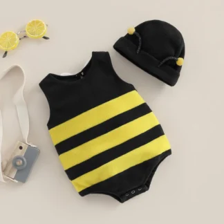 EWODOS-Mono de abeja para bebé, niño y niña de 0 a 24 meses, conjuntos de rayas sin mangas en la espalda, monos de decoración de ala blanca, monos infantiles con sombrero