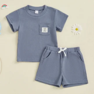 RUEWEY, conjuntos de pantalones cortos tipo gofre para bebés de 9 meses a 4 años, ropa de verano, camisetas de manga corta, pantalones cortos lisos con cintura elástica