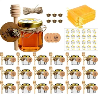 Olla de miel Tarro de miel de vidrio Mini tarros de miel de 1,5 oz con cucharón de abeja Bolsas de regalo y pegatinas para recuerdos de baby shower Paquete de 20