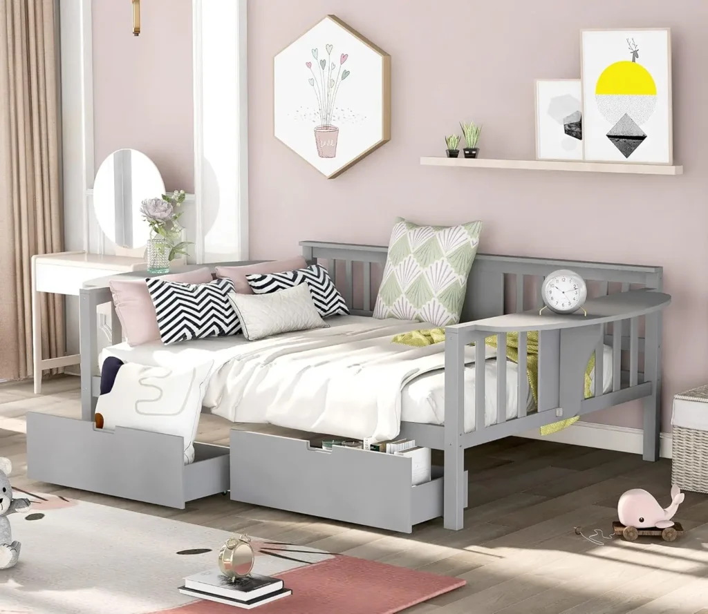 Sofá cama doble con cajones, sofá cama para sala de estar, estructura de sofá doble con mesa pequeña doblada para adultos. (Gris)