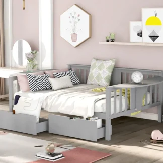Sofá cama doble con cajones, sofá cama para sala de estar, estructura de sofá doble con mesa pequeña doblada para adultos. (Gris)