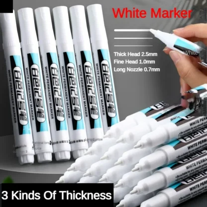Rotulador permanente blanco de 1/5 Uds., 0,7/1,0/2,5 MM, marcador de pintura impermeable para madera, roca, plástico, vidrio, piedra, suministros de arte de Metal