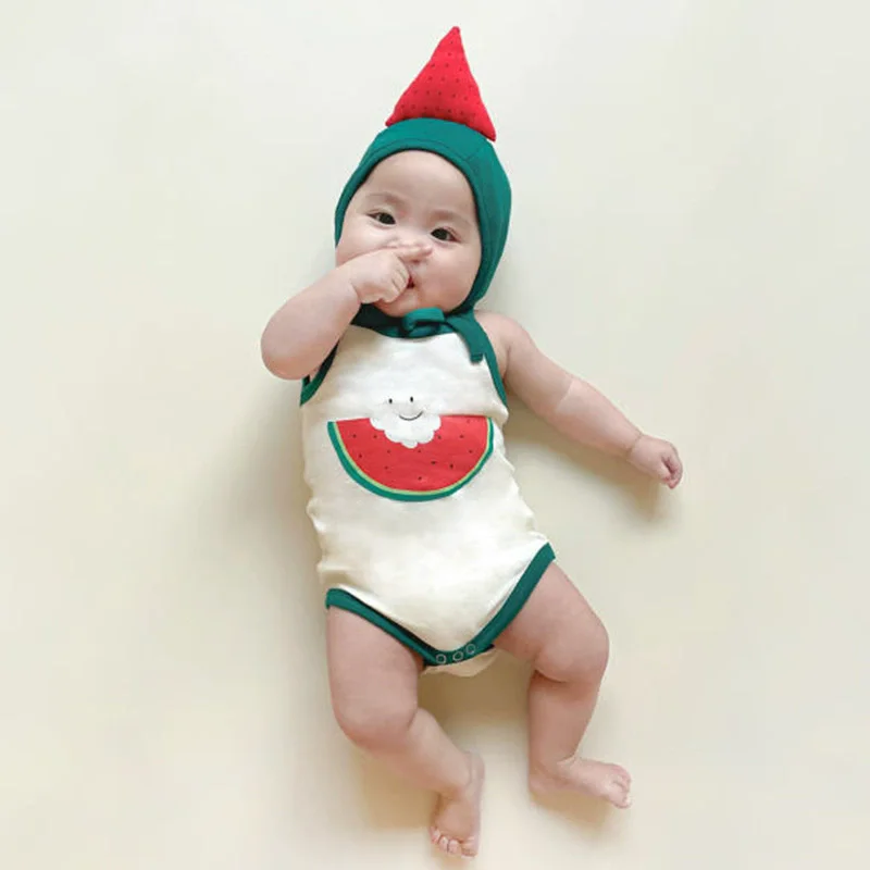 Nuevo mono de verano para bebés y niños, mono bonito con forma de fruta y sandía, mono con cuello Halter, ropa para recién nacidos, 100% algodón 0-2T