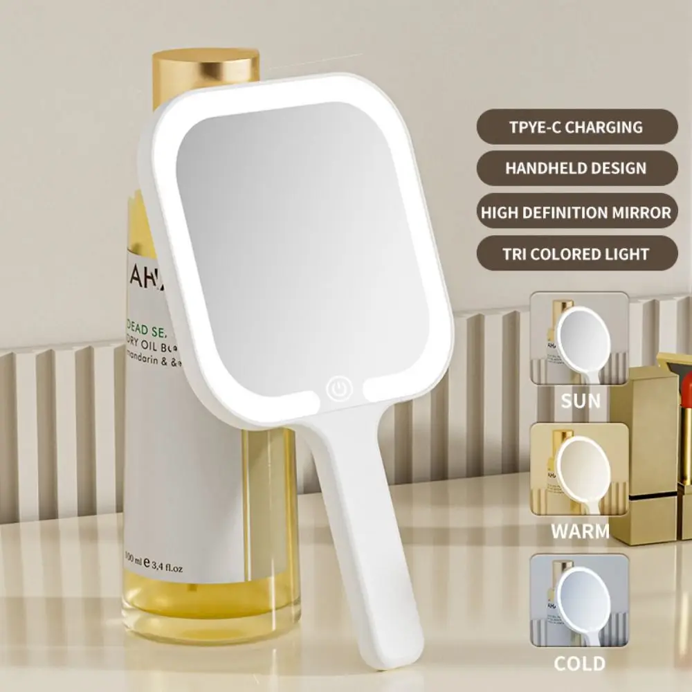 Espejo de maquillaje LED con luz de relleno, cuadrado/redondo, luces regulables de 3 colores, espejo de tocador portátil, espejo de mano compacto iluminado