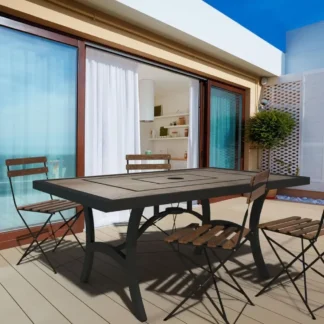Highland Mesa de comedor Al Fresco de 40 x 66 pulgadas con tapa de azulejo con aspecto de madera ranurada y marcos de aluminio fundido, negro/mate