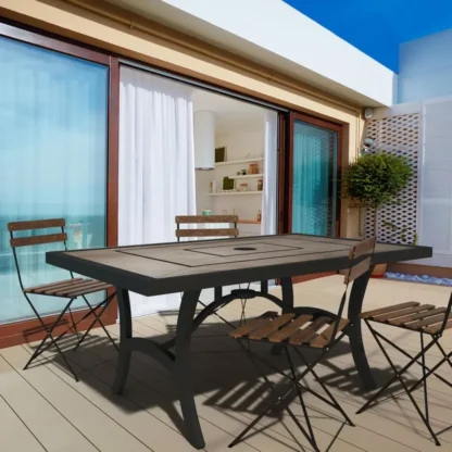 Highland Mesa de comedor Al Fresco de 40 x 66 pulgadas con tapa de azulejo con aspecto de madera ranurada y marcos de aluminio fundido, negro/mate