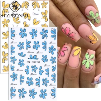 Pegatinas 3D para uñas de pétalos de Margarita, letras de flores azules y amarillas, flores de cerezo, hibisco, bricolaje, decoración deslizante Y2K para primavera y verano