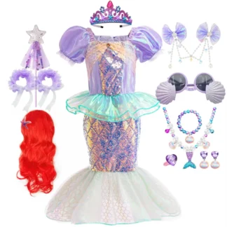 Conjunto de ropa de verano de sirena para niñas pequeñas, lentejuelas, chaleco de concha con tirantes, mangas abullonadas, trajes de vacaciones, 2 piezas