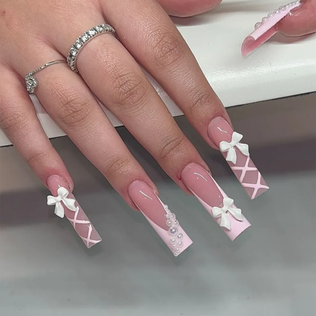 Decoración de lazo blanco, uñas postizas, ataúd largo, puntas de uñas postizas de Ballet, cubierta completa desmontable, francés, rosa, dulce prensa en las uñas para mujeres