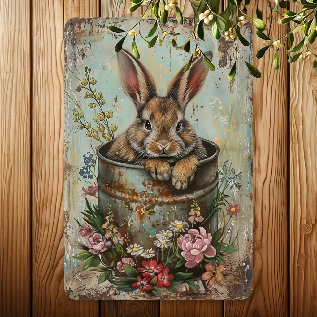 Conejo de estilo campestre retro y arte floral de pared de hierro decoración interior y exterior No requiere electricidad 8.0 x 12.0 in