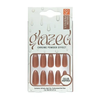 Prensa artificial en uñas Largo almendra esmaltada chocolate efecto cromo 30 piezas Kit de uñas profesional con pegamento y lima