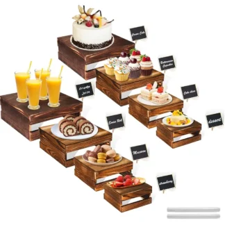 Elevadores de Buffet de 8 Uds con Mini carteles, soportes de madera rústica para pasteles, elevadores de alimentos para mesa de Buffet, soporte de exhibición de postres, cajas de madera,