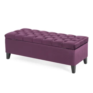 Otomana de almacenamiento de terciopelo morado: banco de cama capitoné con botones y compartimento oculto, decoración moderna para dormitorio y sala de estar