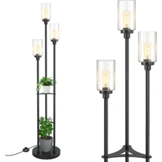 Lámparas de pie para salón con pantallas de vidrio transparente, lámpara de pie de 3 luces con estantes, lámpara de pie alta de granja moderna