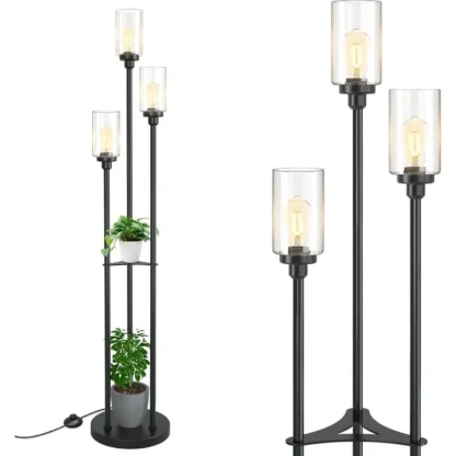 Lámparas de pie para salón con pantallas de vidrio transparente, lámpara de pie de 3 luces con estantes, lámpara de pie alta de granja moderna