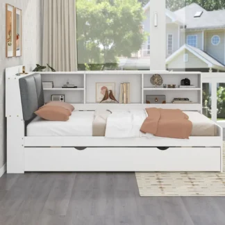 Sofá cama doble en forma de L con nido y cabecera de almacenamiento tapizada, cama Cadins con librería, cama con plataforma giratoria
