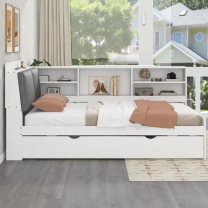 Sofá cama doble en forma de L con nido y cabecera de almacenamiento tapizada, cama Cadins con librería, cama con plataforma giratoria
