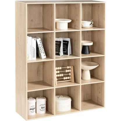 Organizador de almacenamiento de 12 cubos, estantería y estantería abierta decorativa de madera, armario grande y alto, unidad de almacenamiento cúbico con