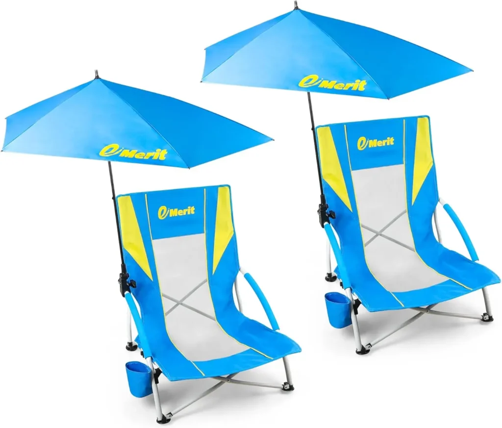 Sillas de playa bajas para adultos, silla de playa con eslinga con Umberalla, respaldo plegable, silla de Camping con portavasos