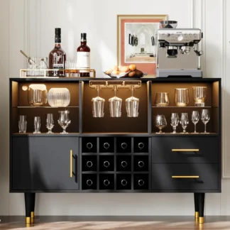 Mueble de bar y mesa de bar - Estación de carga con luz LED, mueble buffet con almacenamiento, aparador, cafetería - Ideal