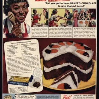 n1,1939 Panadero Receta de pastel de chocolate y albaricoque Cocinero negro/Maid VINTAGE ADVERTISEMENT-Letrero de estaño