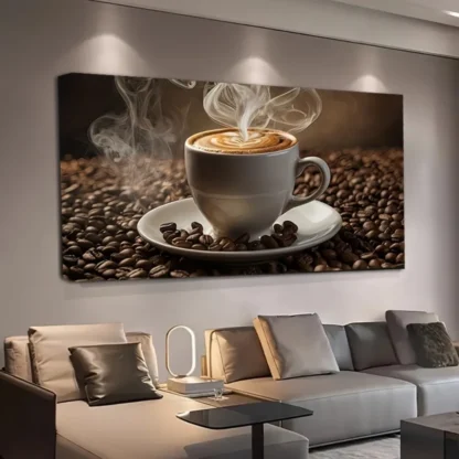 Impresión en lienzo de arte de café, decoración mural, adecuada para sala de estar, dormitorio y pasillo, marco de madera maciza de pino de 1,5 pulgadas de grosor