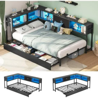 Sofá cama completo con cajones de almacenamiento debajo, cama para niños con estación de carga y luz LED, estructura de cama moderna de tamaño completo, camas