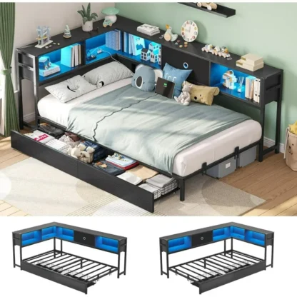 Sofá cama completo con cajones de almacenamiento debajo, cama para niños con estación de carga y luz LED, estructura de cama moderna de tamaño completo, camas