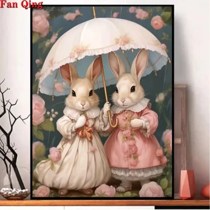 Pintura de diamantes DIY, paraguas de flor de conejo lindo, Kits de bordado de Cruz de mosaico de diamantes de imitación cuadrados/redondos completos, arte a mano, decoración de pared