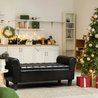 Banco de almacenamiento para dormitorio, otomano con brazo enrollado, reposapiés tapizado de cuero rectangular para sala de estar