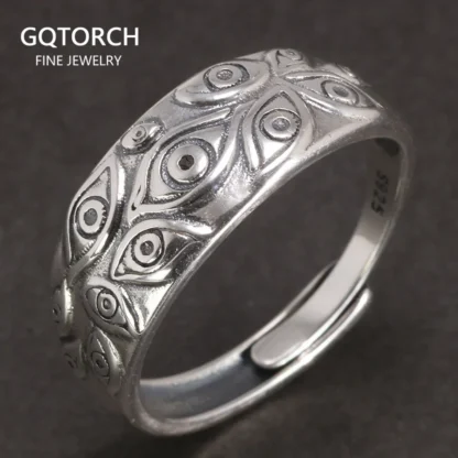 Anillo Punk de Plata de Ley 925 auténtica para hombres y mujeres, patrón de mal de ojo, joyería de plata 925 ajustable Vintage de alta calidad