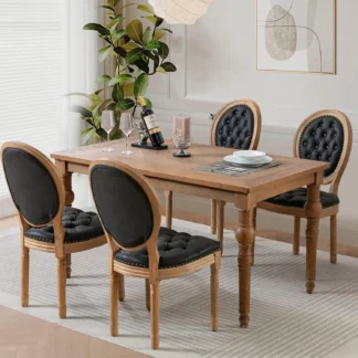 Juego de 4 sillas de comedor tapizadas de cuero Pu, sillas laterales de cocina redondas de estilo francés con ribete de cabeza de clavo y patas de madera para
