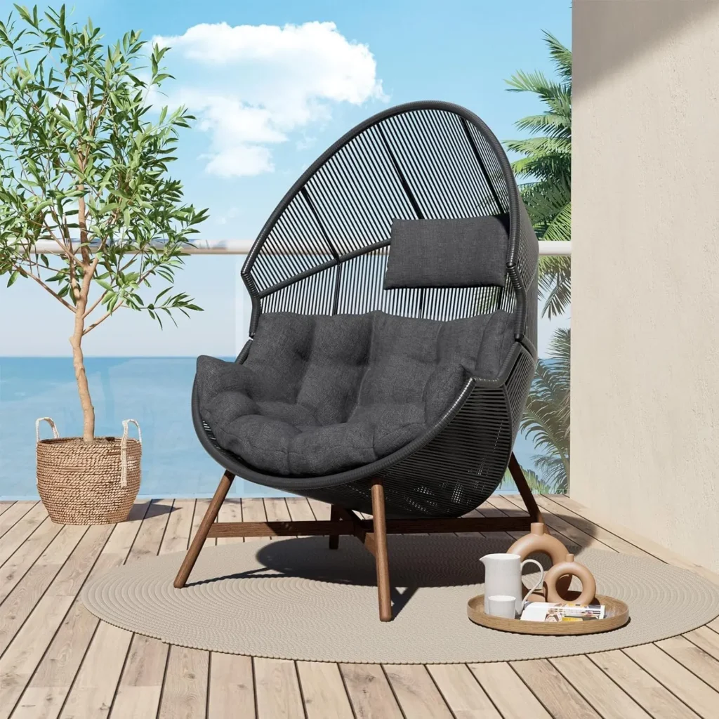 Silla de mimbre con acabado en grano de madera para exteriores, sillón de conversación cómodo con cojín de olefina, tumbona de gran tamaño, Pe