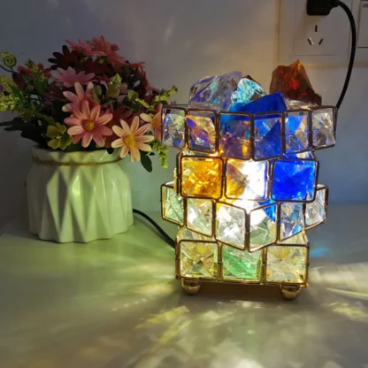 Lámpara LED de cristal con sal Natural del Himalaya, hermosa decoración, lámparas de mesa cuadradas de cuatro pisos, adorno para el hogar, dormitorio, estudio