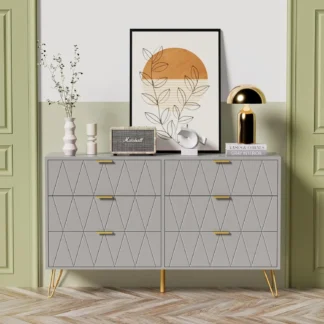 Cómoda grande de 6 cajones, cómoda moderna con cajones anchos y tiradores de Metal, almacenamiento de madera, color gris