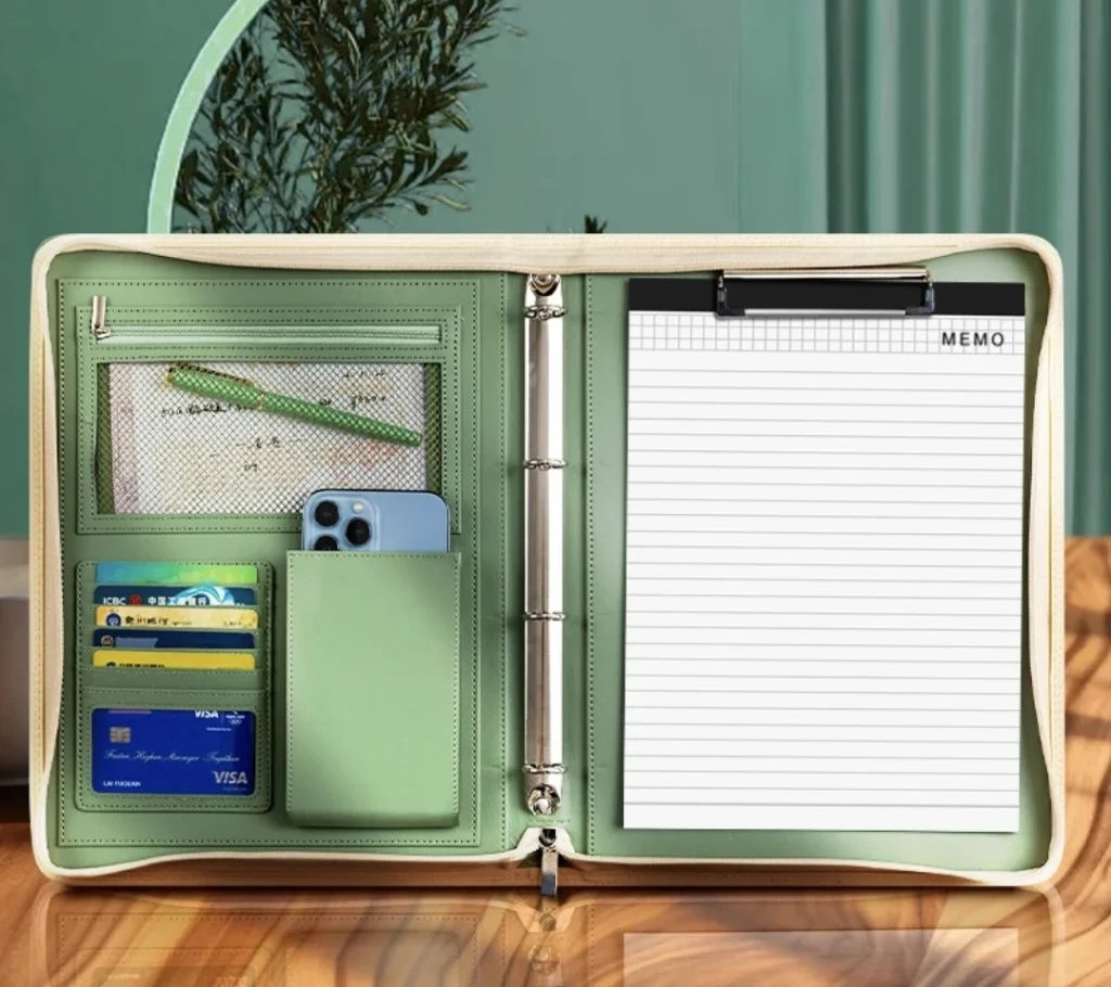 Nueva carpeta de padfolio con cremallera A4, estuche combinado de cuero de cartera multifunción, bolso de carpeta para mujeres/hombres