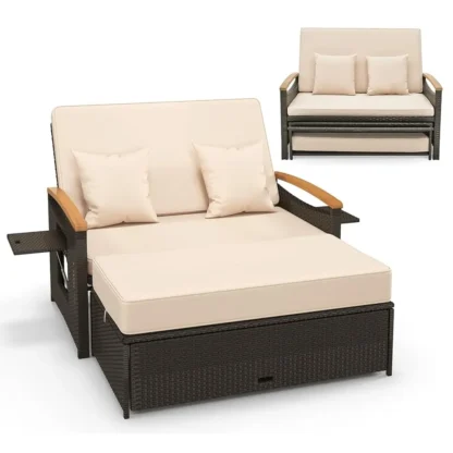 Juego de sofá cama de ratán para Patio con dos plazas acolchadas y otomana de almacenamiento, tumbona doble para exteriores con 4 niveles ajustables